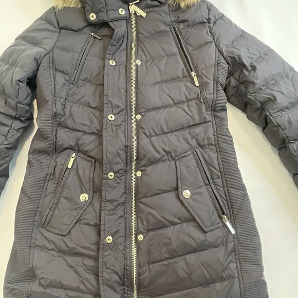 NWT Michael Kors Faux Fur Hooded Coat MK Logo Brown Down Jacket Charcoal - PS - Picture 8 of 16